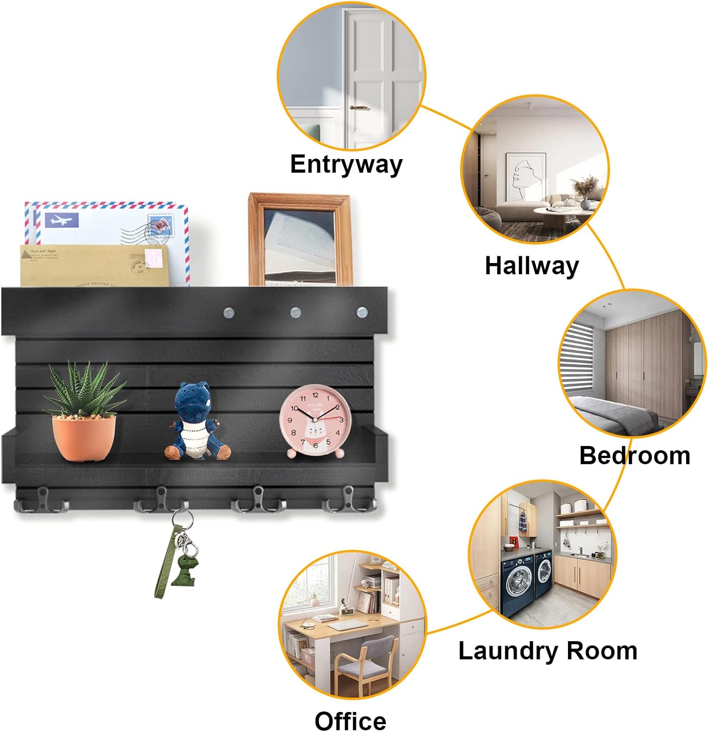 Wall Mounted Wooden Key Holder with 4 Hooks and Mail Organizer O254010