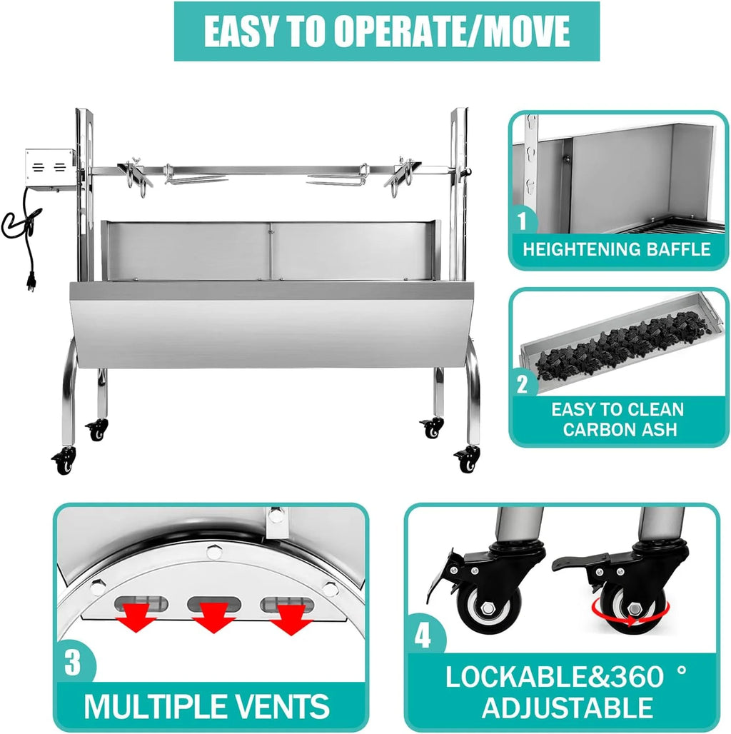 Stainless Steel Rotisserie Grill with Back Cover Guard, 25W Motor, 37'' Charcoal BBQ Z68024